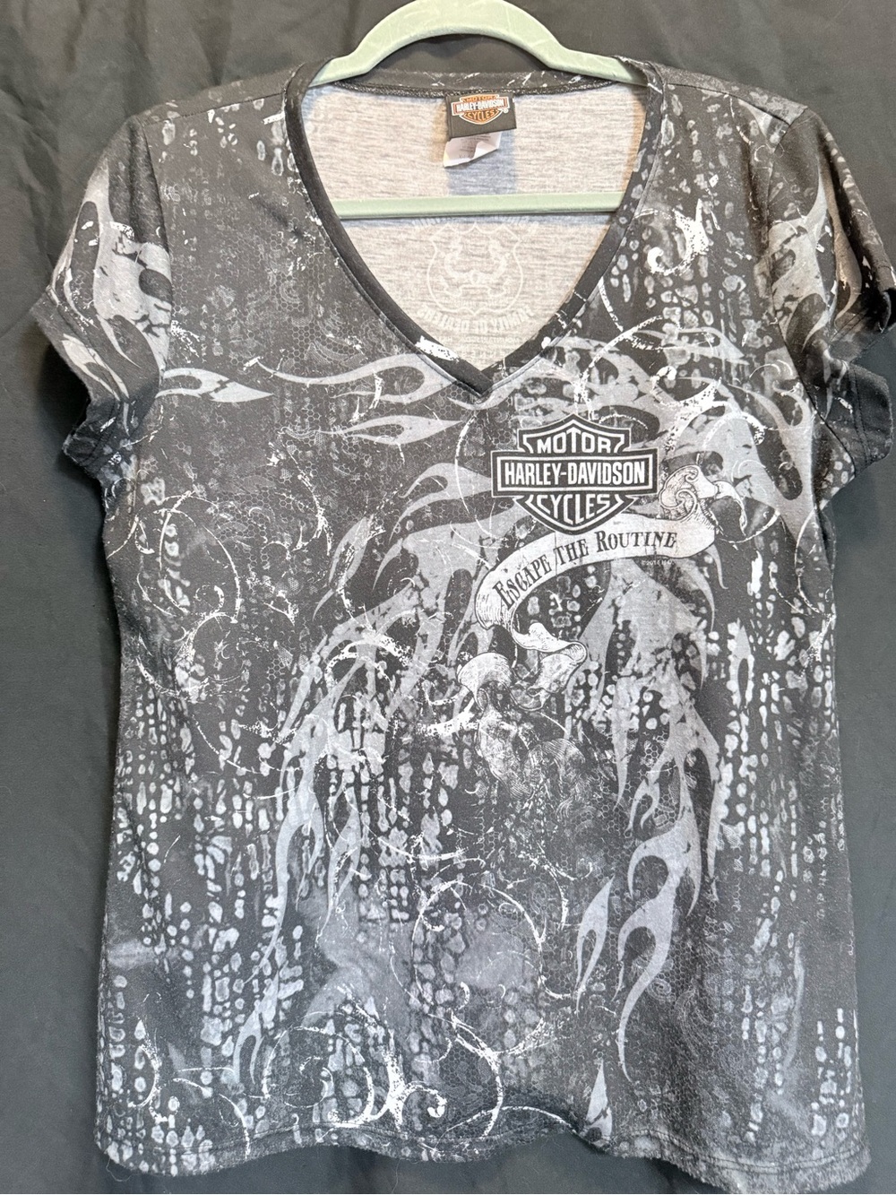 Harley-Davidson Women’s Black and Gray Flame Skull V-Neck Tee